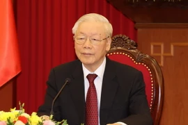 Tổng Bí thư Nguyễn Phú Trọng điện đàm với Thủ tướng Đức Olaf Scholz. (Ảnh: Trí Dũng/TTXVN)