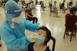 Nhân viên y tế lấy mẫu xét nghiệm cho người dân ở phường Trung Hoà (Cầu Giấy). (Ảnh: Vũ Sinh/TTXVN) 