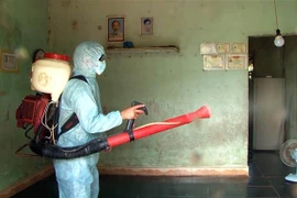 Cán bộ y tế địa phương phun thuốc tiêu độc khử trùng phòng chống bệnh bạch hầu. (Ảnh: Hồ Cầu/TTXVN)