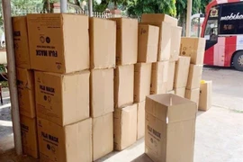 50 thùng khẩu trang y tế không rõ nguồn gốc bị Công an thị xã Buôn Hồ (Đắk Lắk) bắt giữ. (Ảnh: TTXVN phát)