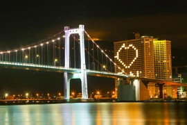 Một khách sạn ở Đà Nẵng thắp sáng các căn phòng để tạo thành hình ảnh trái tim kêu gọi cộng đồng chung tay phòng, chống dịch COVID-19. (Ảnh: Trần Lê Lâm/TTXVN)