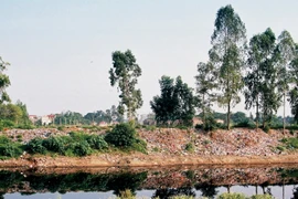 Một đoạn sông Nhuệ nước đen đặc chảy qua địa bàn huyện Thường Tín. (Ảnh: Hoàng Lâm/TTXVN)