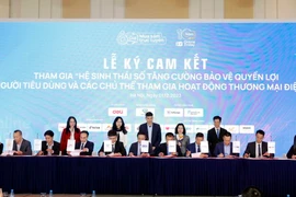 Đại diện các doanh nghiệp, đơn vị chức năng ký cam kết bảo vệ quyền lợi người tiêu dùng và các chủ thể tham gia hoạt động thương mại điện tử. (Ảnh: Trần Việt/TTXVN)