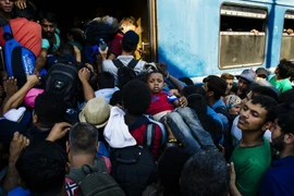 Người di cư chen lấn lên tàu hỏa tại nhà ga Gevgelija ở biên giới Macedonia-Hy Lạp ngày 9/8. (Nguồn: AFP/TTXVN)