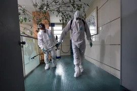  Nhân viên y tế Hàn Quốc phun thuốc khử trùng nhằm ngăn ngừa MERS lây lan. (Nguồn: AFP/TTXVN)