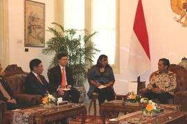 Tổng thống Indonesia Joko Widodo tiếp Bộ trưởng Ngoại giao Phạm Bình Minh. (Ảnh: Phạm Hiệp-Đỗ Quyên/TTXVN)