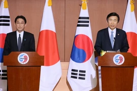 Ngoại trưởng Hàn Quốc Yun Byung-Se (phải) và Ngoại trưởng Nhật Bản Fumio Kishida tại cuộc họp báo sau hội đàm. (Nguồn: YONHAP/TTXVN)