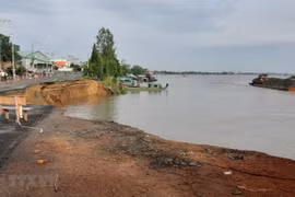 Quốc lộ 91 đoạn đi qua ấp Bình Tân, xã Bình Mỹ, huyện Châu Phú, tỉnh An Giang xuất hiện vết rạn nứt và sạt lở nửa đường xuống Sông Hậu. (Ảnh: Công Mạo/TTXVN)