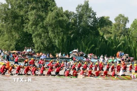 Các đội đua ghe Ngo tranh tài. (Ảnh: Lê Sen/TTXVN)