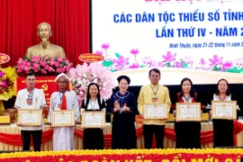 Các tập thể, cá nhân có thành tích xuất sắc trong công tác dân tộc nhận Bằng khen của Bộ Trưởng, Chủ nhiệm Ủy ban Dân tộc. (Ảnh: Nguyễn Thànn/TTXVN)