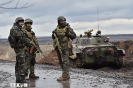 Binh sỹ quân đội Ukraine tại khu vực chiến sự ở ngoại ô thành phố Debaltseve, vùng Donetsk, miền Đông Ukraine. (Nguồn: AFP/TTXVN)