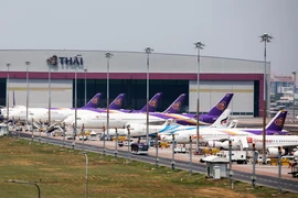 Máy bay của Thai Airways tại sân bay Suvarnabhumi ở Bangkok, Thái Lan. (Ảnh: AFP/TTXVN)