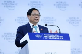 Thủ tướng Phạm Minh Chính phát biểu tại Phiên toàn thể Hội nghị thường niên các nhà tiên phong lần thứ 15 của WEF. (Ảnh: Dương Giang/TTXVN)