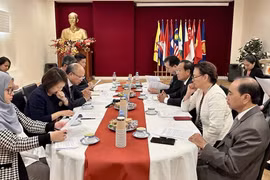Đại sứ Đinh Toàn Thắng chuyển giao vai trò Chủ tịch luân phiên của ACP cho Đại biện Đại sứ quán Brunei. (Ảnh: Thu Hà/TTXVN)