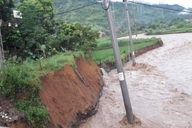 Cột điện ở huyện Phù Yên, tỉnh Sơn La bị nghiêng, gãy đổ do mưa lũ. (Ảnh: TTXVN phát)