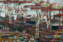 Cảnh bốc dỡ hàng hóa tại cảng Tokyo. (Nguồn: AFP/TTXVN)