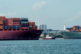 Tàu chở hàng ra vào cảng Singapore. (Nguồn: AFP/TTXVN)