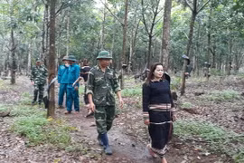 Các chiến sỹ Đồn Biên phòng Ia Nan (Đức Cơ, Gia Lai) cùng cán bộ địa phương tuần tra khu vực biên giới. (Ảnh: Dư Toán/TTXVN)