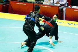 Võ sỹ Trần Đình Nam đeo đai đỏ trong trận chung kết hạng cân từ 70-75kg nam môn Pencak Silat. (Ảnh: Trọng Tuệ-Phúc Hưng/TTXVN)