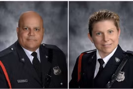 Lawrence Robert Costello (trái) và Sara Mae Helen Burns (phải)- hai nhân viên cảnh sát thiệt mạng trong vụ bắn súng ở Fredericton, Canada . (Ảnh: AFP/TTXVN)
