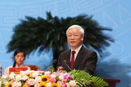 Tổng Bí thư Nguyễn Phú Trọng phát biểu tại Lễ khai mạc Đại hội đại biểu Phụ nữ toàn quốc lần thứ XII. (Ảnh TTXVN)