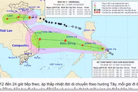 Sơ đồ đường đi của bão số 7 (phía trên) và áp thấp nhiệt đới mới. (Ảnh: TTXVN/phát)