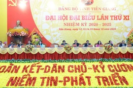Quang cảnh Đại hội đại biểu Đảng bộ tỉnh Tiền Giang lần thứ XI, nhiệm kỳ 2020-2025. (Ảnh: Hữu Chí/TTXVN)