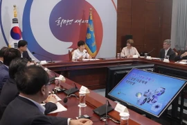 Tổng thống Hàn Quốc gặp các chuyên gia y tế của Trung tâm kiểm soát và ngăn chặn bệnh dịch Mỹ (CDC) và WHO ở Seoul ngày 24/6. (Ảnh: AFP/TTXVN)