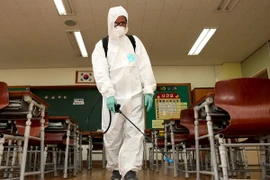 Nhân viên y tế Hàn Quốc phun thuốc khử trùng nhằm ngăn chặn sự lây lan của MERS tại thủ đô Seoul. (Ảnh: Yonhap/TTXVN)