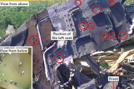 Những lỗ thủng trên mảnh vỡ của chiếc máy bay Boeing 777 mang số hiệu MH17. (Ảnh: THX/TTXVN)