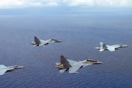 Máy bay chiến đấu F/A-18 Super Hornets của Mỹ và SU-30MKM/Flanker H của Không lực Hoàng gia Malaysia tham gia tập trận trên Biển Đông. (Nguồn: AFP/TTXVN)