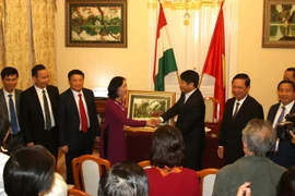 Bà Trương Thị Mai đến thăm, nói chuyện với cán bộ nhân viên đại sứ quán Việt Nam tại Hungary. (Ảnh: Quang Vinh/TTXVN)