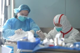 Nhân viên y tế Trung Quốc điều trị cho một bệnh nhân nhiễm virus cúm gia cầm H7N9 tại Trung tâm y tế Vũ Hán ở Vũ Hán, tỉnh Hồ Bắc, miền trung Trung Quốc. (Nguồn: EPA/TTXVN)