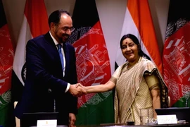 Ngoại trưởng Ấn Độ Sushma Swaraj và người đồng cấp Afghanistan Salahuddin Rabbani trong cuộc hội đàm ngày 11/9. (Nguồn: prokerala.com)