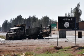 Cờ IS tại khu vực làng Dibsiafnan, ngoại ô Raqa, Syria ngày 11/6. AFP/TTXVN