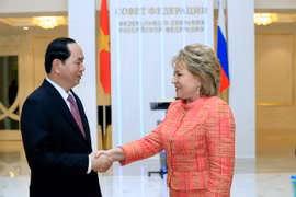 Chủ tịch nước Trần Đại Quang hội kiến với Chủ tịch Hội đồng Liên bang Nga V. Matvienko. (Ảnh: Nhan Sáng/TTXVN)