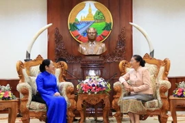 Chủ tịch Quốc hội Lào Pany Yathotou tiếp bà Võ Thị Dung, Phó Bí thư Thành ủy. (Ảnh: Phạm Kiên/TTXVN)