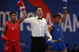 Vận động viên wushu Bùi Trường Giang (giáp đỏ). (Ảnh: Hoàng Linh/TTXVN)