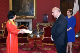 Đại sứ Nguyễn Thị Bích Huệ trình Thư ủy nhiệm lên Tổng thống Malta George Vella. (Nguồn: Phủ Tổng thống Malta)