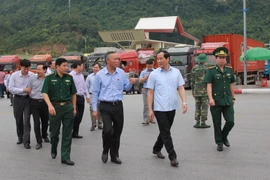 Thứ trưởng Bộ NN và PTNT Phùng Đức Tiến (giữa) đến kiểm tra tình hình xuất nhập khẩu hàng hóa tại cửa khẩu Hữu Nghị, Lạng Sơn. (Ảnh: Quang Duy/TTXVN)