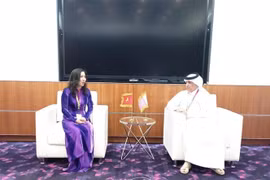 Thứ trưởng Bộ Ngoại giao Lê Thị Thu Hằng hội đàm với Quốc vụ khanh Bộ Ngoại giao Qatar Soltan bin Saad al-Muraikhi. (Ảnh: TTXVN phát)