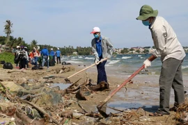 Đoàn viên thanh niên thu gom rác thải và làm sạch 2km bãi biển tại phường Mũi Né, thành phố Phan Thiết. (Ảnh: Nguyễn Thanh/TTXVN)