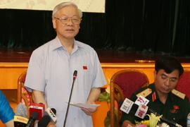 Tổng Bí thư Nguyễn Phú Trọng phát biểu tại buổi tiếp xúc cử tri quận Ba Đình và Hoàn Kiếm. (Ảnh:Trí Dũng/TTXVN)