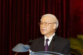 Tổng Bí thư Nguyễn Phú Trọng phát biểu bế mạc Hội nghị. (Ảnh: Trí Dũng/TTXVN)