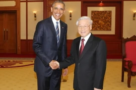 Tổng Bí thư Nguyễn Phú Trọng tiếp Tổng thống Hợp chúng quốc Hoa Kỳ Barack Hussein Obama thăm chính thức Việt Nam. (Ảnh: Trí Dũng/TTXVN)