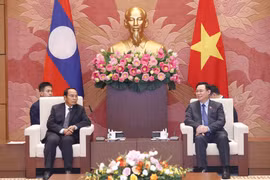 Chủ tịch Quốc hội Vương Đình Huệ tiếp Thường trực Ban Bí thư Lào Bounthong Chitmany. (Ảnh: Doãn Tấn/TTXVN)