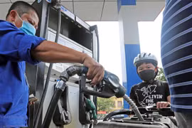 Mua bán xăng dầu tại điểm kinh doanh xăng, dầu của Petrolimex. (Ảnh: Trần Việt/TTXVN)