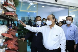 Chủ tịch nước Nguyễn Xuân Phúc thăm Phòng trưng bày sản phẩm nông nghiệp công nghệ cao. (Ảnh: Thống Nhất/TTXVN)