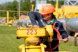 Nhân viên vận hành đường ống dẫn khí đốt tại cơ sở trữ khí đốt dưới lòng dất Bilche-Volytsko-Uherske, gần làng Bilche, vùng Lviv, miền tây Ukraine ngày 21/5. (Ảnh: AFP/TTXVN)