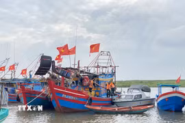 Người dân ứng phó áp thấp nhiệt đới. (Nguồn: TTXVN)